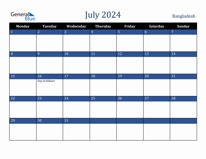 July 2024 Bangladesh Calendar (Monday Start)