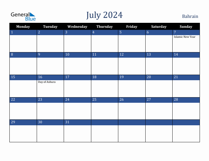 July 2024 Bahrain Calendar (Monday Start)