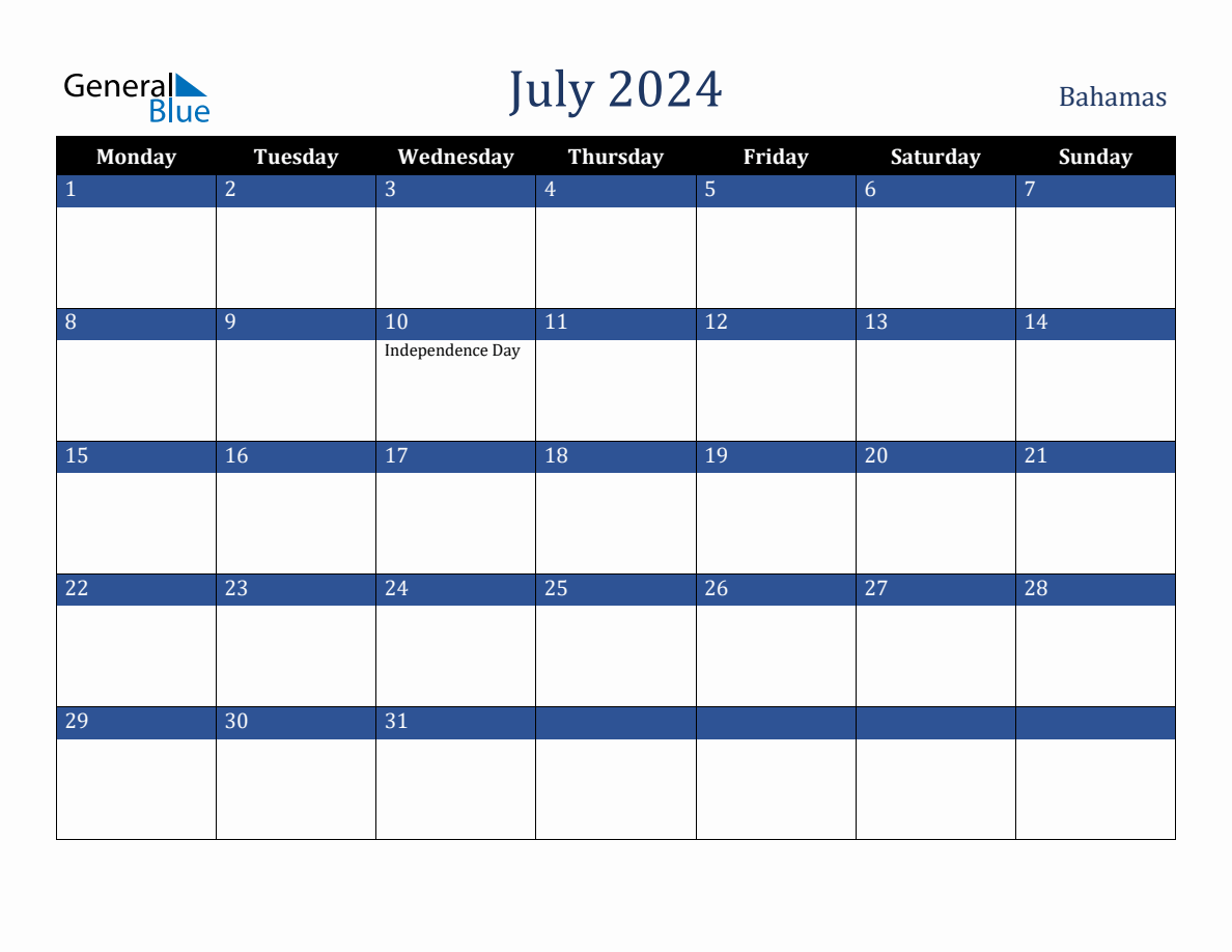 July 2024 Bahamas Holiday Calendar