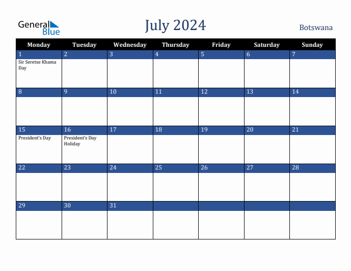 July 2024 Botswana Calendar (Monday Start)