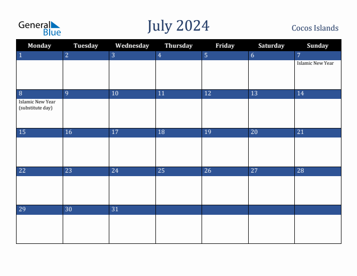 July 2024 Cocos Islands Calendar (Monday Start)