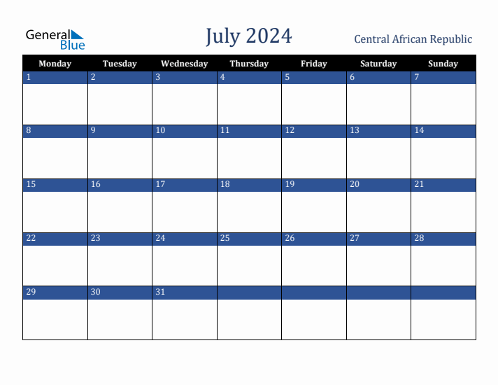 July 2024 Central African Republic Calendar (Monday Start)