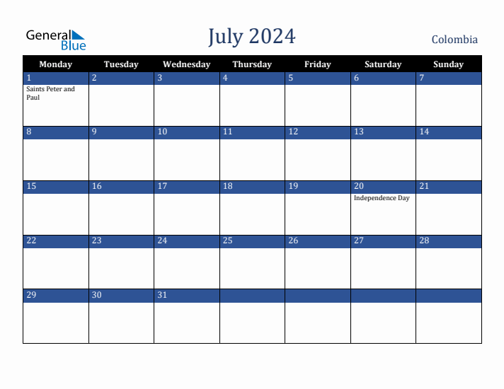 July 2024 Colombia Monthly Calendar with Holidays