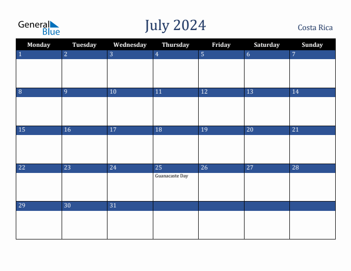 July 2024 Costa Rica Calendar (Monday Start)