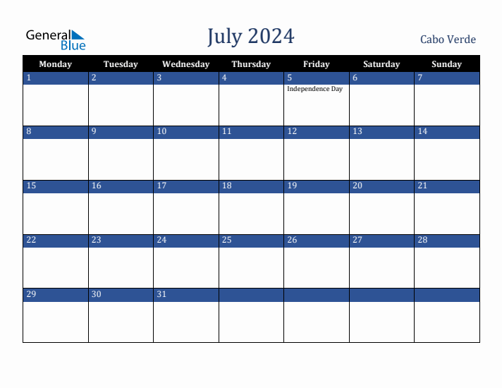 July 2024 Cabo Verde Calendar (Monday Start)