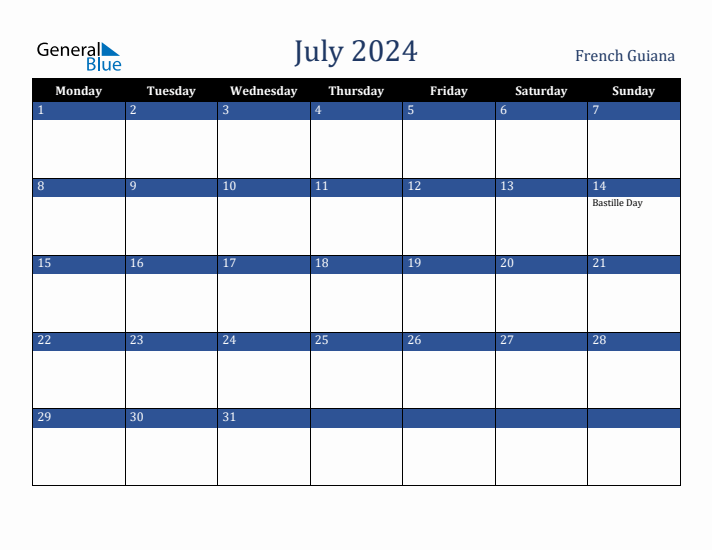 July 2024 French Guiana Calendar (Monday Start)