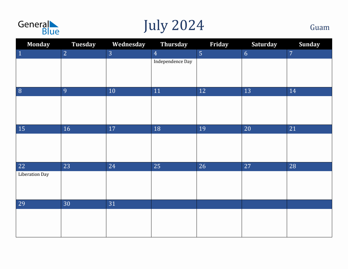 July 2024 Guam Holiday Calendar