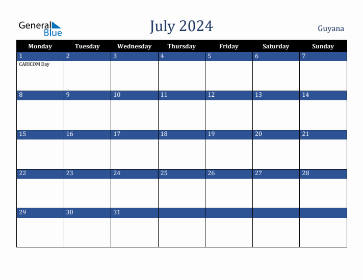 July 2024 Guyana Calendar (Monday Start)