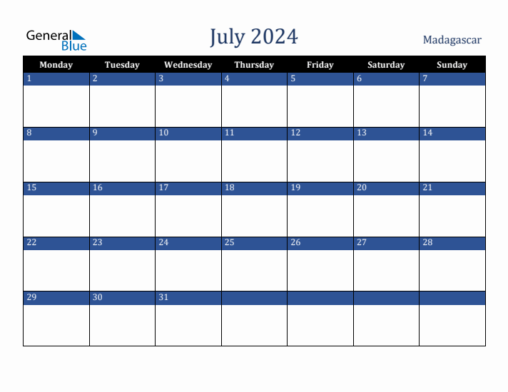 July 2024 Madagascar Calendar (Monday Start)