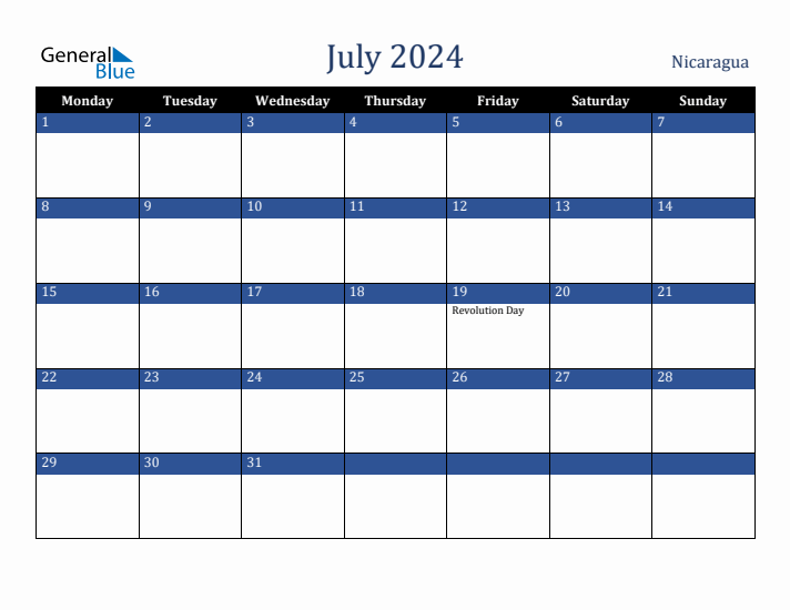 July 2024 Nicaragua Calendar (Monday Start)