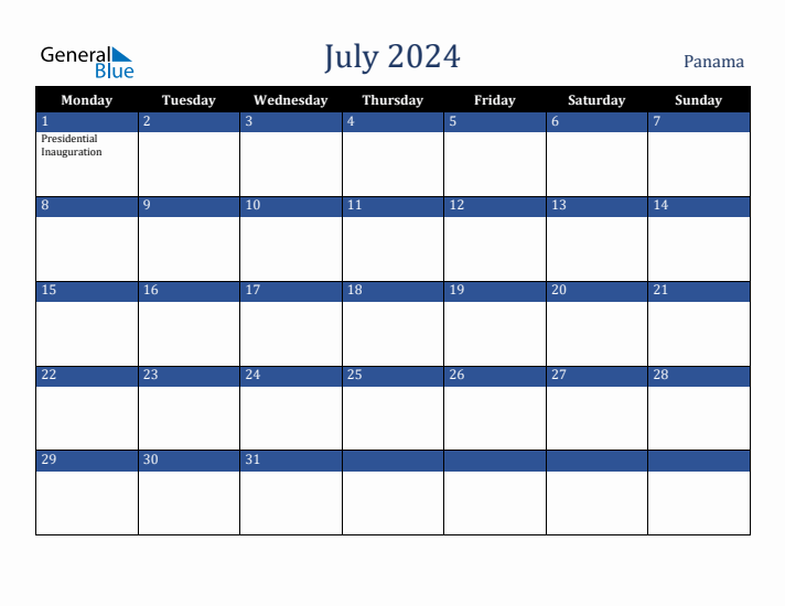 July 2024 Panama Calendar (Monday Start)