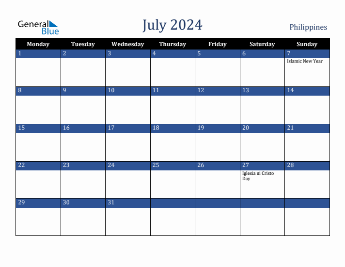 July 2024 Philippines Calendar (Monday Start)