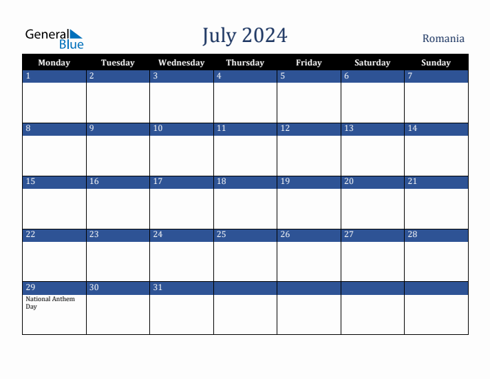 July 2024 Romania Calendar (Monday Start)