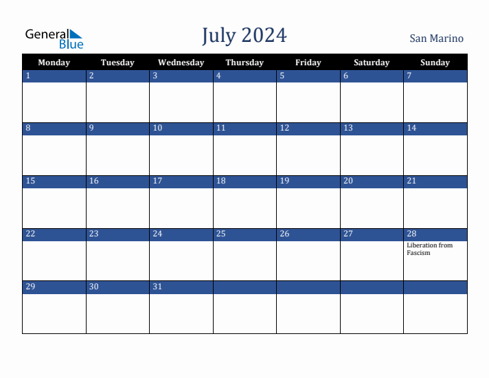 July 2024 San Marino Calendar (Monday Start)