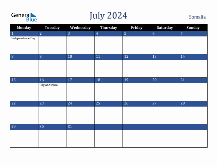 July 2024 Somalia Calendar (Monday Start)