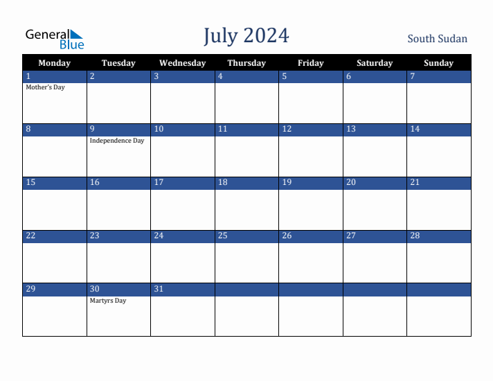 July 2024 South Sudan Calendar (Monday Start)