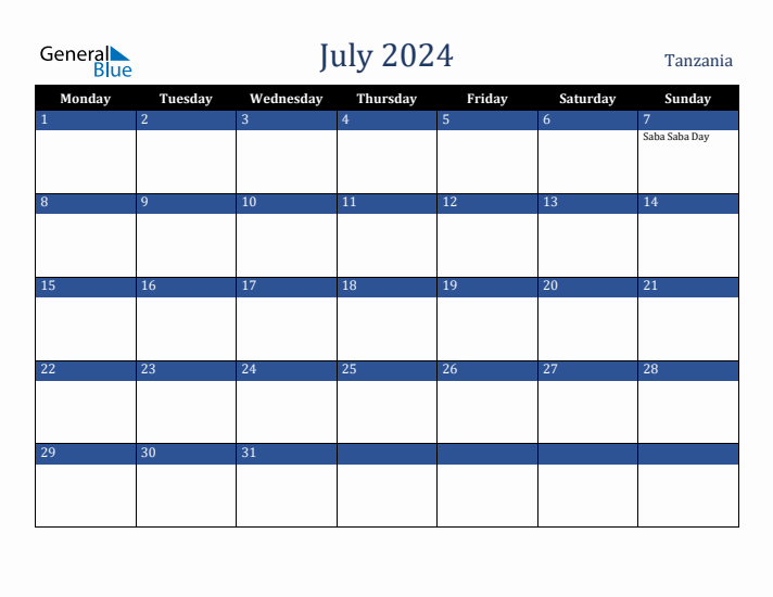 July 2024 Tanzania Calendar (Monday Start)
