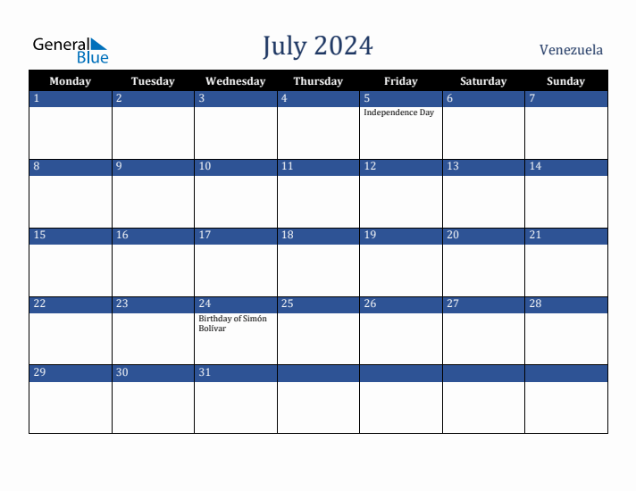 July 2024 Venezuela Calendar (Monday Start)
