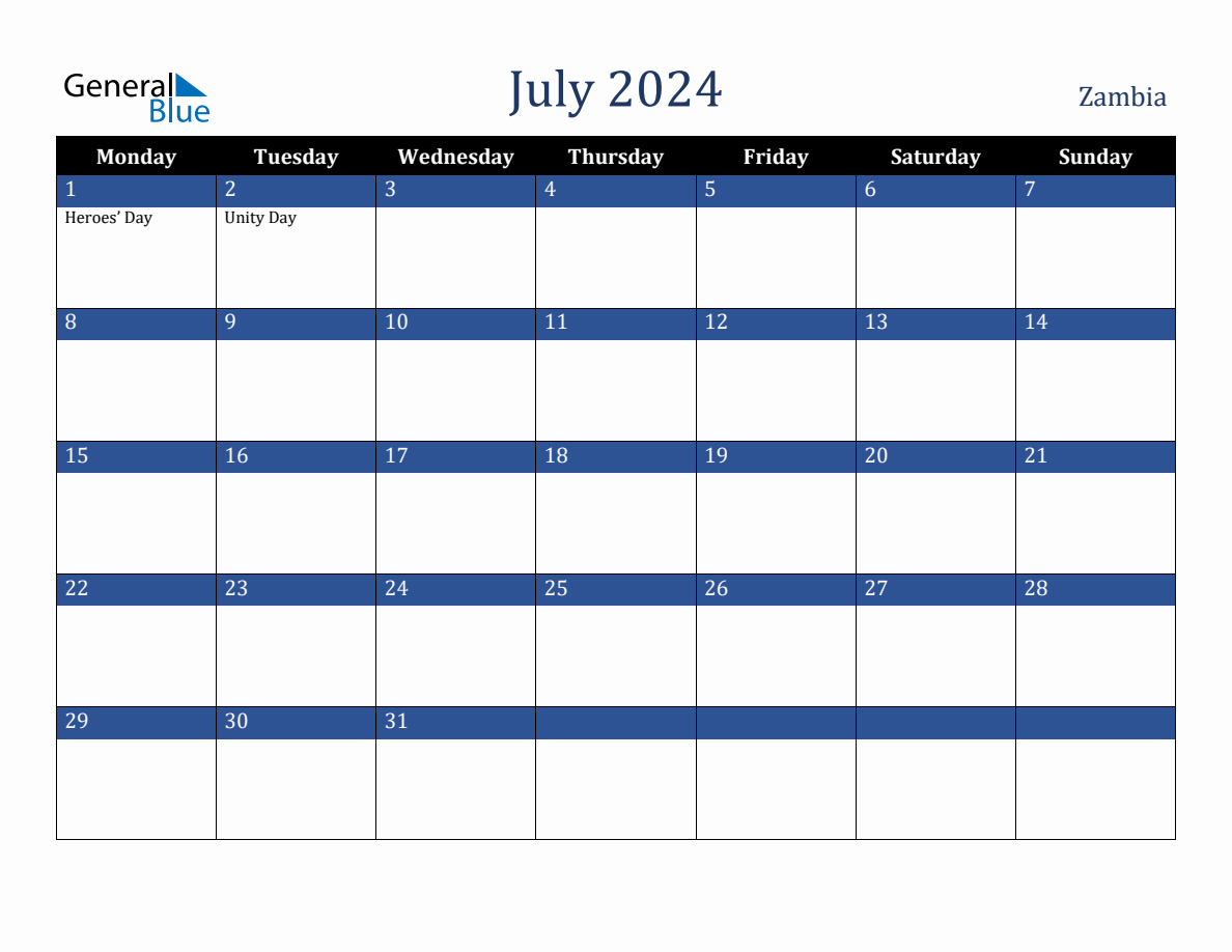 July 2024 Zambia Holiday Calendar