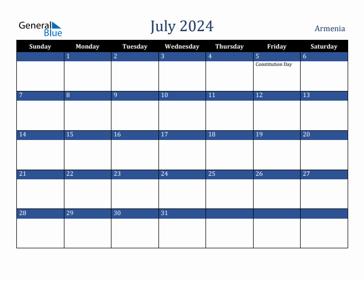 July 2024 Armenia Calendar (Sunday Start)