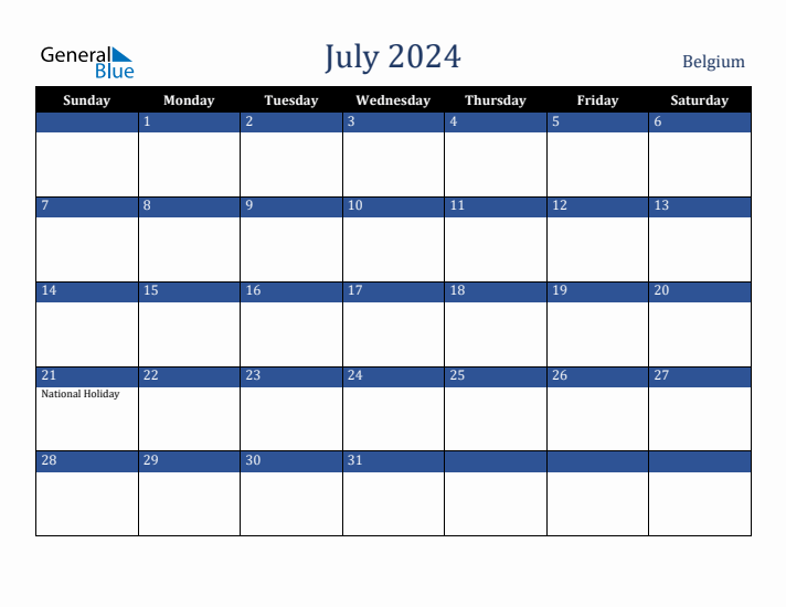 July 2024 Belgium Calendar (Sunday Start)