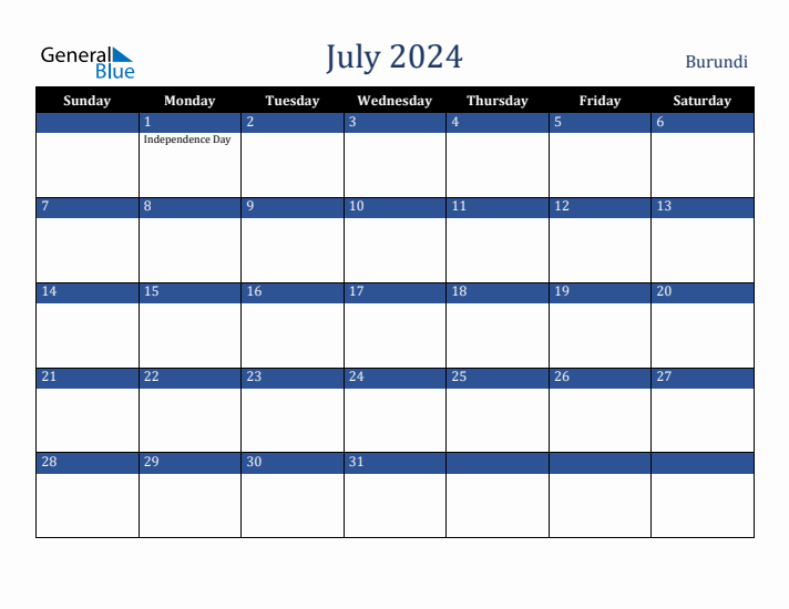 July 2024 Burundi Calendar (Sunday Start)