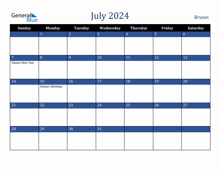 July 2024 Brunei Calendar (Sunday Start)
