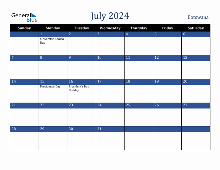 July 2024 Botswana Calendar (Sunday Start)