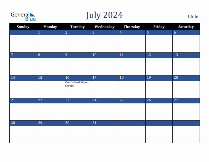 July 2024 Chile Calendar (Sunday Start)