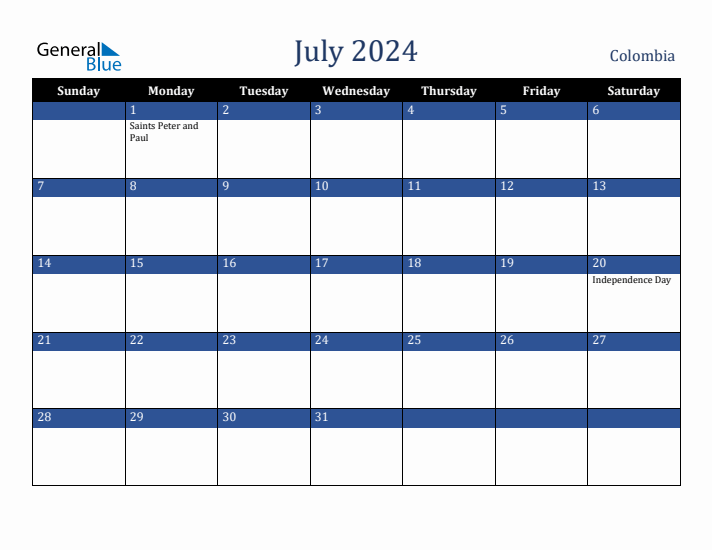 July 2024 Colombia Calendar (Sunday Start)