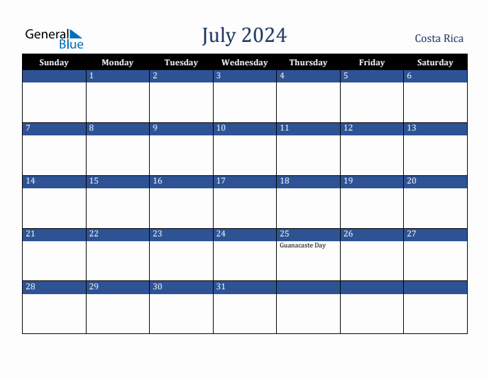 July 2024 Costa Rica Calendar (Sunday Start)