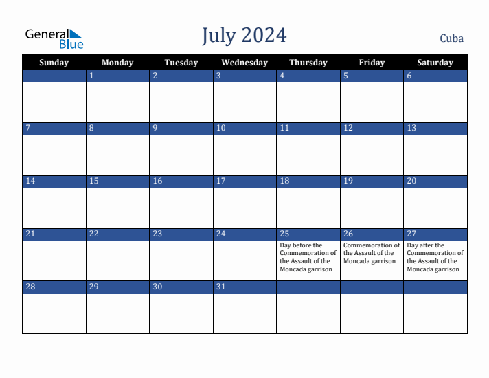 July 2024 Cuba Calendar (Sunday Start)