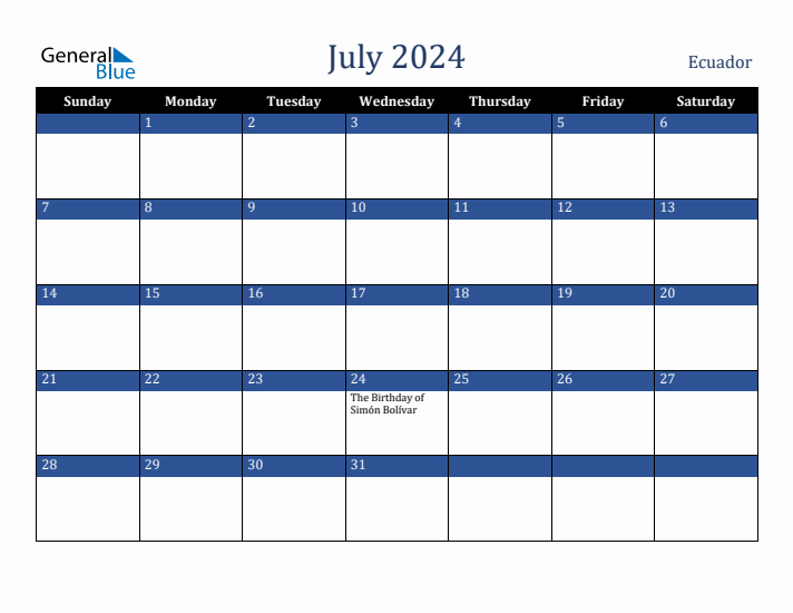 July 2024 Ecuador Calendar (Sunday Start)