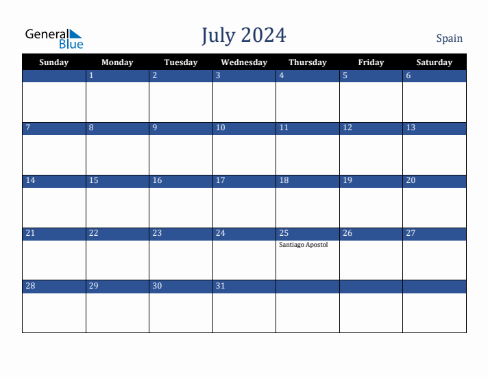 July 2024 Monthly Calendar with Spain Holidays