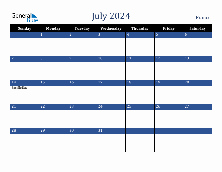 July 2024 Monthly Calendar with France Holidays