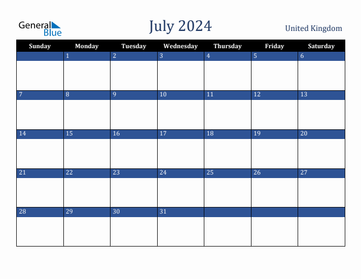 July 2024 Monthly Calendar with United Kingdom Holidays