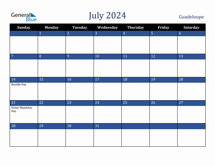 July 2024 Guadeloupe Calendar (Sunday Start)