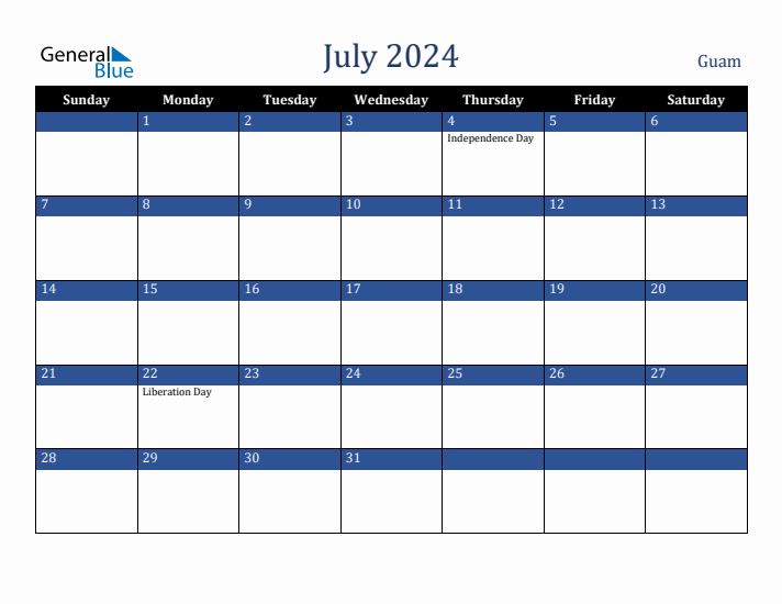 July 2024 Guam Calendar (Sunday Start)