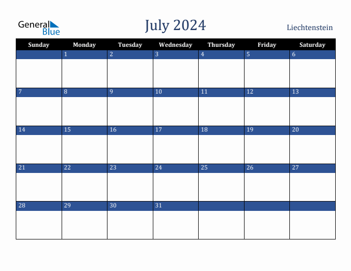 July 2024 Liechtenstein Calendar (Sunday Start)