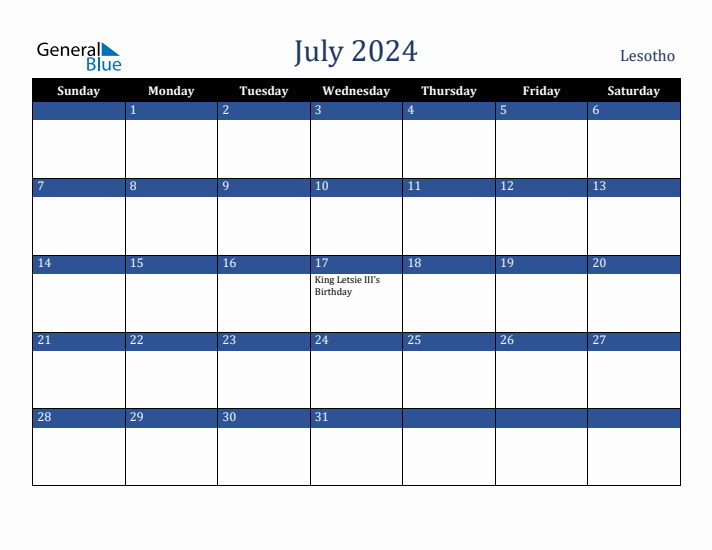 July 2024 Monthly Calendar with Lesotho Holidays