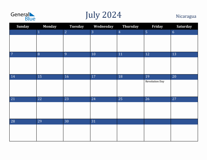 July 2024 Nicaragua Calendar (Sunday Start)