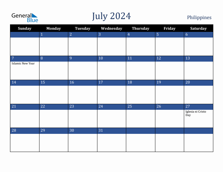 July 2024 Philippines Calendar (Sunday Start)