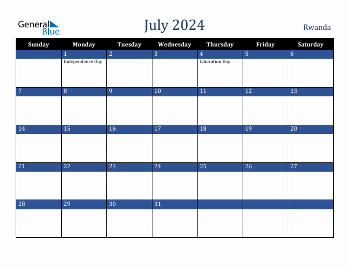 July 2024 Rwanda Calendar (Sunday Start)