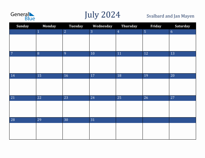 July 2024 Svalbard and Jan Mayen Calendar (Sunday Start)