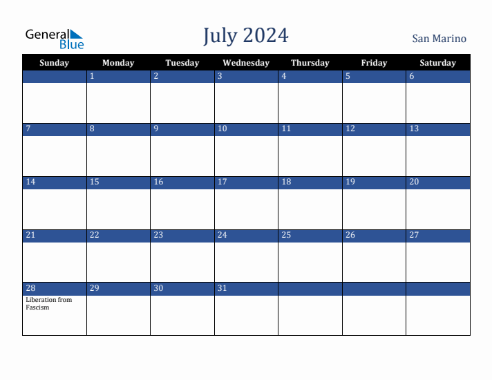 July 2024 San Marino Calendar (Sunday Start)