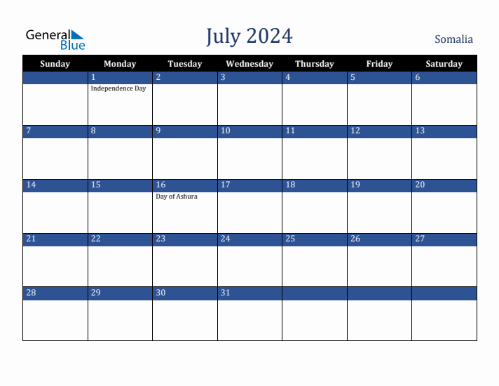 July 2024 Somalia Calendar (Sunday Start)
