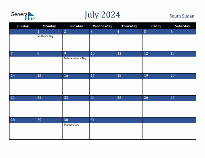 July 2024 South Sudan Calendar (Sunday Start)
