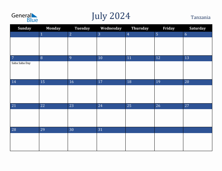 July 2024 Tanzania Calendar (Sunday Start)