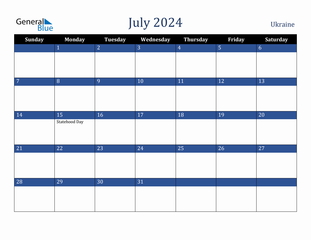 July 2024 Ukraine Holiday Calendar