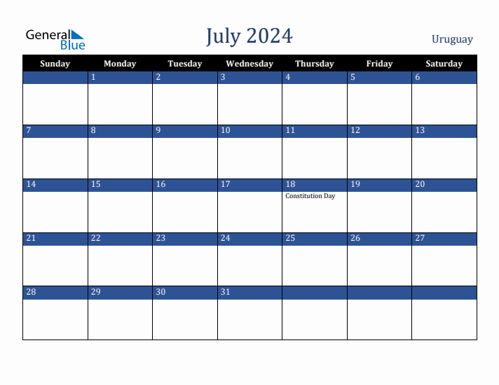 July 2024 Uruguay Calendar (Sunday Start)